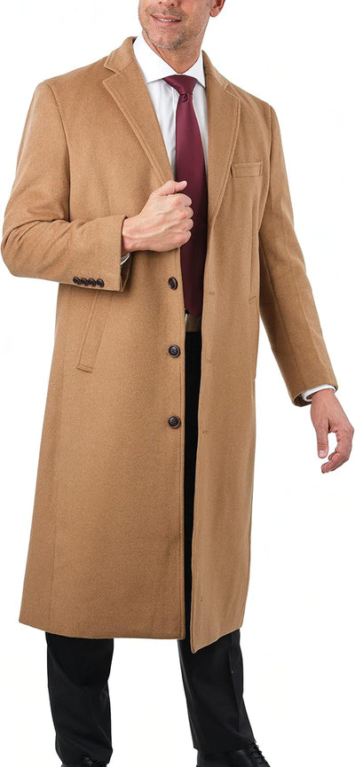 Mens Single Breasted Wool Cashmere Full Length Overcoat Long Coat - Tan 36R