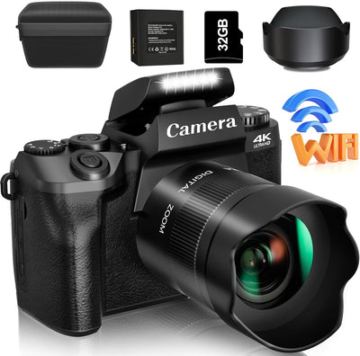 Digital Camera, 4K Cameras for Photography & Video, 64MP Wifi Touch Screen Vlogging Camera for Youtube with Flash, 32GB Card, Lens Hood, 3000Mah Battery, Front and Rear Cameras - Black