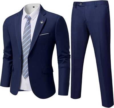 Men'S 2 Piece Slim Fit Suit with Stretch Fabric, One Button Solid Jacket Pants & Tie Set