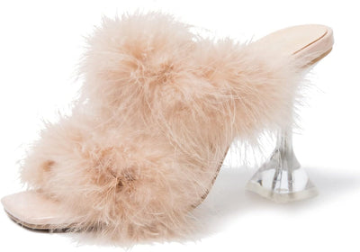 Women'S Square Toe Fuzzy Heels High Clear Heel Mules Sandals Two Fluffy Feather Bands Slippers Party Prom Dresses Shoes