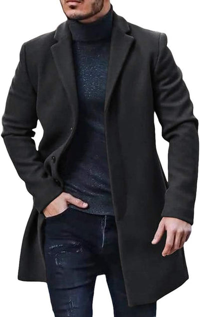 Mens Trench Coat Slim Fit Notched Collar Fall Winter Single Breasted Pea Coat Warm Soft Overcoat