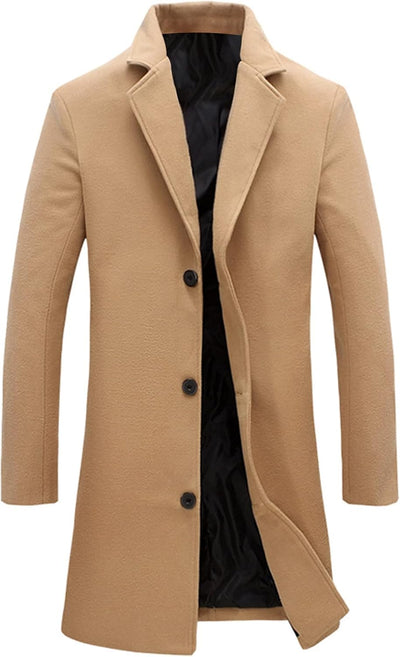 Men'S Wool Blend Pea Coat Notched Collar Single Breasted Overcoat Warm Winter Trench Coat