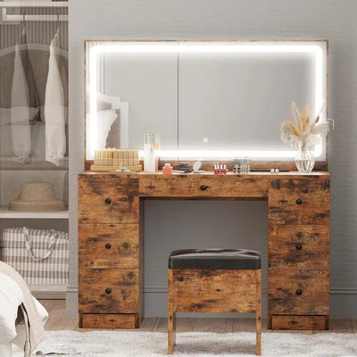 Vanity Desk Set with Large LED Lighted Mirror & Power Outlet Wooden Chest of Drawers for Bedroom Hairstyle Make up Table Drawer