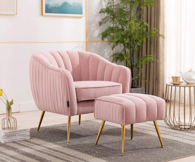 Velvet Modern Tub Barrel Arm Chair Upholstered Tufted with Gold Metal Legs Accent Club Chair with Ottoman Footrest for Living Reading Room Bedroom, Pink