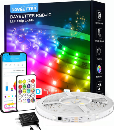 RGB Smart IC LED Lights for Bedroom, 16.4FT RGB LED Lights with Bluetooth APP & Remote Control 24V 5050 Color Changing LED Strip Lights Music Sync for Room Home Party Wall Indoor Decor