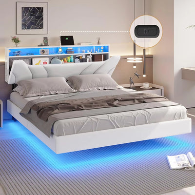 Queen Floating Bed Frame with Storage Headboard and LED Lights , LED Platformbed Frame with Type-C & USB Port and Storage