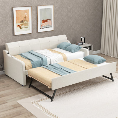 Twin Size Upholstery Daybed with Trundle Bed, Wood Sofa Bed, Beige