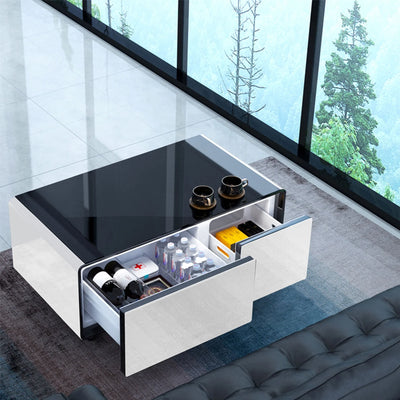 Modern Smart Mini Multifunction Coffee Table with Built in Fridge,Outlet Protection,Wireless Charging Module,Mechanical Temperature Control,Power Socket,Usb Interface and Power Interface