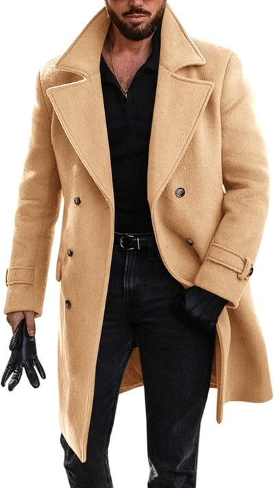 Mens Double Breasted Trench Coat Mid Long Jacket Notched Lapel Winter Chunky Warm Overcoat