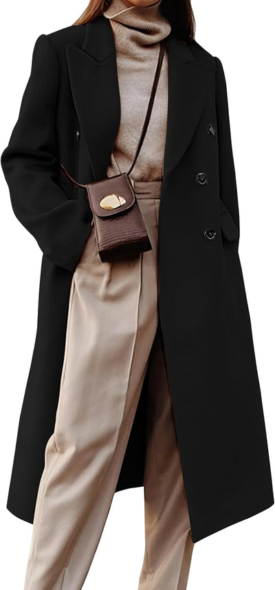 Womens Long Wool Coats Fall Winter Double Breasted Trench Coat Peacoat