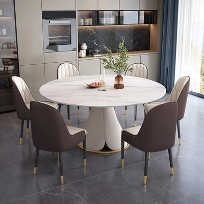 53”  White Sintered Stone round Dining Table Set with Stainless Steel Base with 6 Brown Dining Chairs