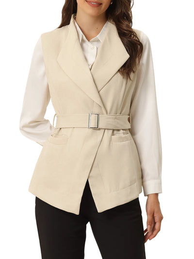 Women'S Shawl Collar Open Front Belted Sleeveless Blazer Vest