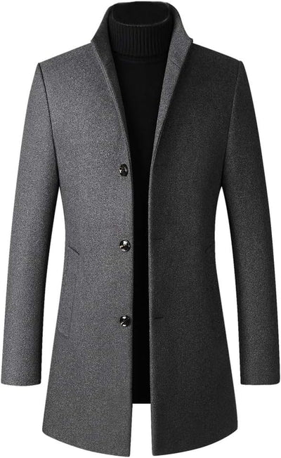 Men'S Trench Coat Wool Blend Slim Fit Top Coat Single Breasted Business Overcoat