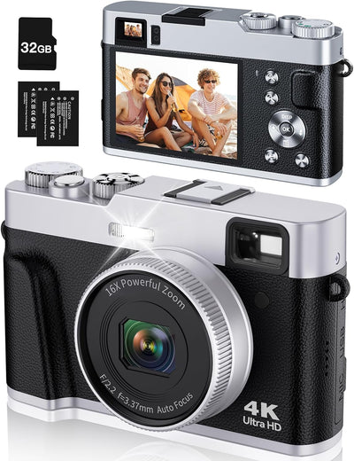 4K Digital Camera with Viewfinder & Dial, 48MP Vlogging Camera for Photography and Video Autofocus Anti-Shake, Travel Portable Digital Camera with Flash SD Card 2 Batteries, 16X Zoom Camera