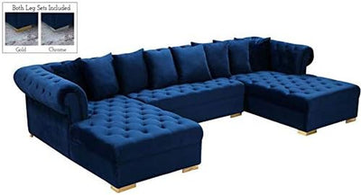 Meridian Furniture Presley Collection Modern | Contemporary Velvet Upholstered 3 Piece Sectional in Gold or Chrome Finish, Pillows Included, 134" W X 70" D X 31.5" H, Navy