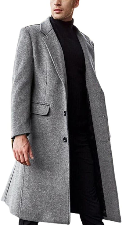 Men'S Fall Winter Office Single Breasted Long Dress Wool Coat Overcoat