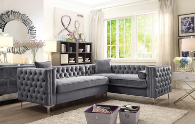 Mozart Elegant Velvet Modern Deeply Tufted with Silver Nailhead Trim Chrome Legs Right Facing Sectional Sofa, Grey