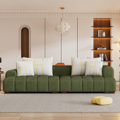 103.9" Modern Couch Corduroy Fabric Comfy Sofa with Rubber Wood Legs, 4 Pillows for Living Room, Bedroom, Office, Green