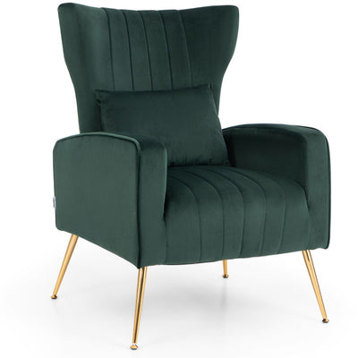 Velvet Upholstered Wingback Chair with Lumbar Pillow and Golden Metal Legs