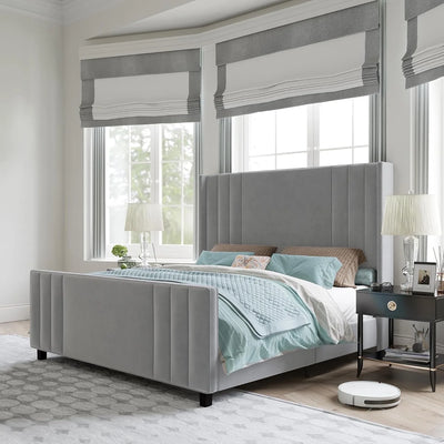 Velvet Upholstered King Size Bed Frame with Headboard & Footboard/Wingback for Adult Grey