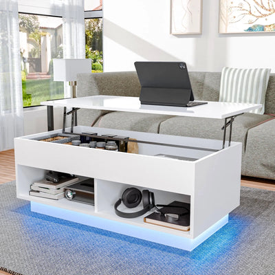 LED Lift Top Coffee Table with Hidden Compartment High Gloss White Coffee Tables Center Rising Cocktail Table for Living Room Accent Furniture