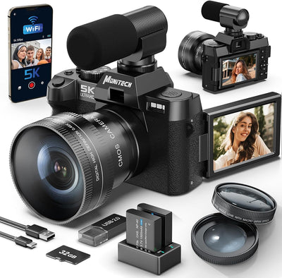 5K Digital Compact Camera for Photography and Video,48Mp Vlogging Camera for Youtube with 180° Flip Screen,16X Digital Zoom,52Mm Wide Angle & Macro Lens, 2 Batteries, 32GB TF Card(Black)