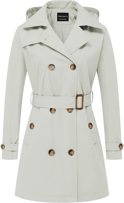 Women'S Trench Coat Double-Breasted Classic Lapel Overcoat Belted Slim Outerwear Coat with Detachable Hood