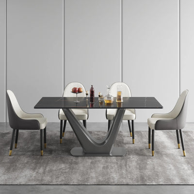 Magic Home 71" Light Luxury Sintered Stone Dining Table for 6 Person,Slate Rectangular Tabletop with Stainless Steel Base for Dining Room,Black Tabletop with V-Shaped Gray Base