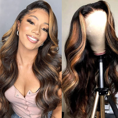 Haha Black Brown Highlight Ombre Lace Front Wig Human Hair Honey Blonde Ombre Lace Front Wig Glueless Body Wave Lace Closure Wigs 4X4 Pre Plucked Bleached Knots for Women Balayage 26 Inch