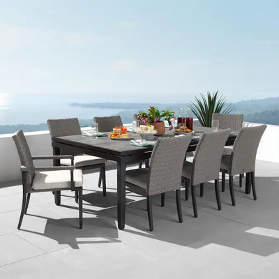 Vistano 9-Piece Weathered Gray Wicker Patio Dining Set Wicker Rectangle Table with 8 Gray Cushions Stackable Stationary and Motion Chairs