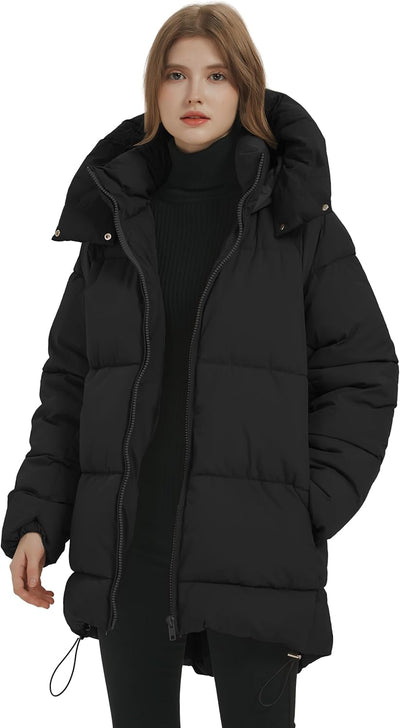 Women Mid-Length Puffer Hooded Jacket Winter Padded Warm Coat Thicken Outerwear Coats