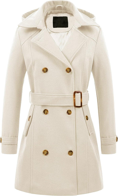 Women'S Double Breasted Pea Coat Hooded Long Winter Trench Coat