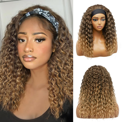 Ombre Brown Headband Wigs Water Wave 20 Inch Brown Curly Headband Wigs for Black Women Synthetic Glueless Half Wig Curly Wave Wig None Lace Front Wig （Ombre Brown）