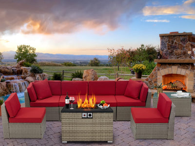 8 Pieces Patio Furniture Set with Fire Pit Table, All-Weather Outdoor Patio Furniture Patio Conversation Sets with 32 in Fire Table for Backyard Lawn, Garden, Porch, Balcony, Poolside (Red)