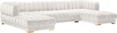 Meridian Furniture 653Cream-Sectional Gwen Collection Modern | Contemporary Velvet Upholstered 3 Piece Sectional with Deep Biscuit Tufting, Cream, 143" W X 70" D X 28" H