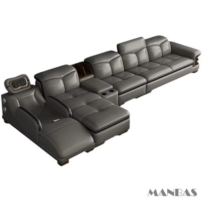 Luxury L-Shaped Genuine Leather Sectional Sofa with Bluetooth Speaker -  Living Room Italian Leather Couch with Massage