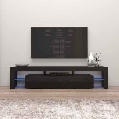 Meble Furniture Milano 200 TV Stand - Solo Modern High Gloss TV Stand with Storage Cabinets and LED Lights - Media Entertainment Center Console Stand for Tvs up to 90" - Black/Black