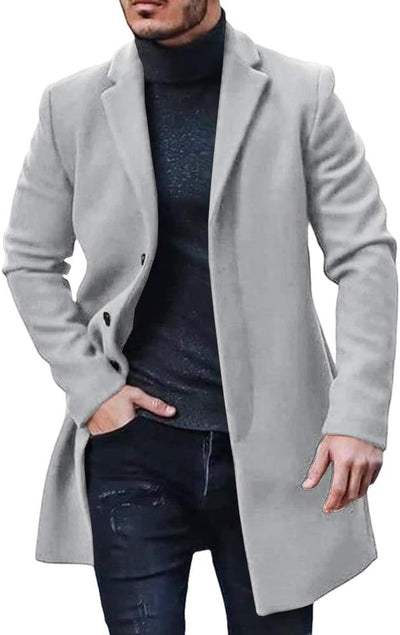 Mens Trench Coat Slim Fit Notched Collar Fall Winter Single Breasted Pea Coat Warm Soft Overcoat