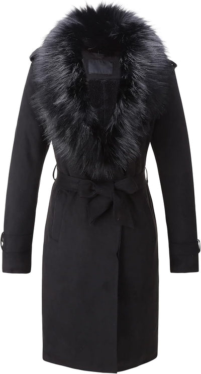 Women Faux Leather Trench Coat Fleece-Lined Mid-Length Jacket with Detachable Fur Collar