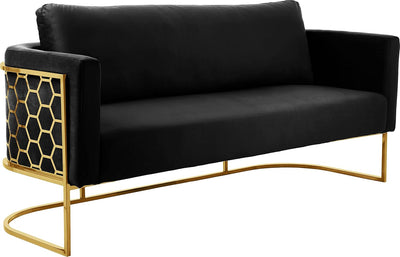 692Black-S Casa Collection Velvet Upholstered Sofa with Gold Iron Metal Design and Gold Finish, Black, 75.5" W X 29.5" D X 31" H