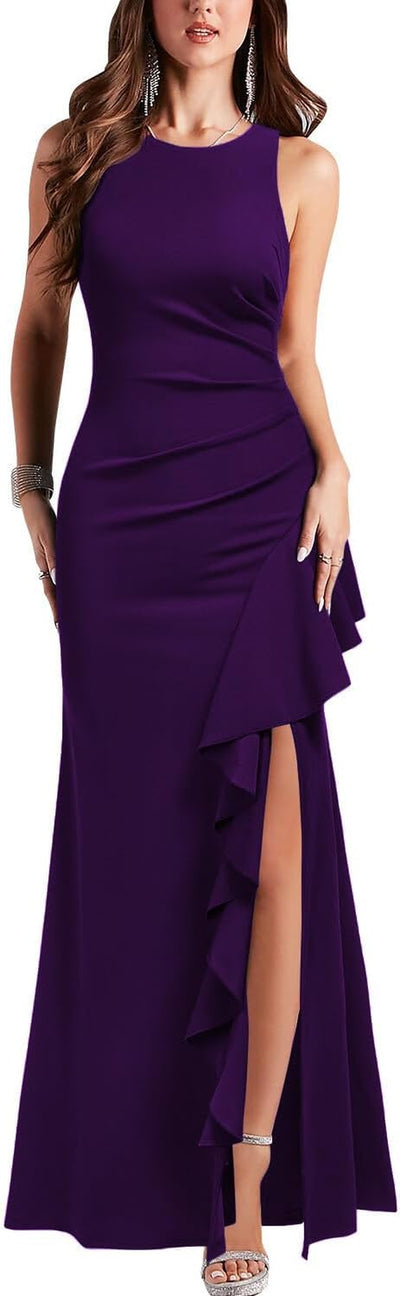 Women'S Scoop Neck Sleeveless Split Bodycon Mermaid Evening Cocktail Long Dress