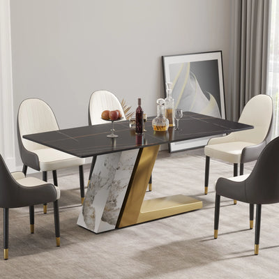 Magic Home 71" Light Luxury Sintered Stone Dining Table,Slate Rectangular Tabletop with Stainless Steel Base,Dining Table for 6 Person for Dining Room,Black Tabletop with L-Shaped Gold Base