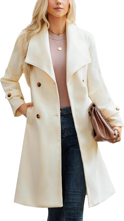 2024 Womens Wool Coat Double Breasted Outwear Lapel Jacket Long Winter Pea Coats Trench Coat with Pockets