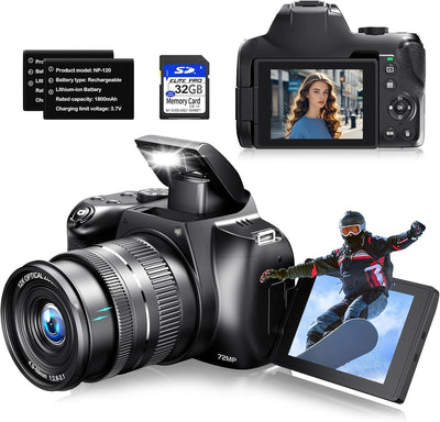 Cameras for Photography, 12X Optical Zoom 4K Digital Camera with Wifi & App Control, 72MP Vlogging Camera with 180° Flip Screen, Auto Focus, Dual Batteries, 59Mm Wide Angle & Macro Lens, 32GB SD Card