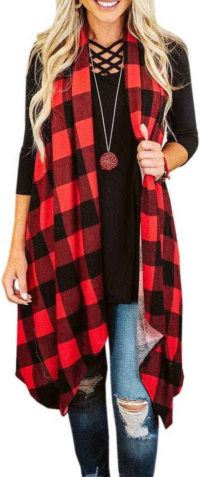 Ivay Womens Plaid Open Front Sweaters Sleeveless Duster Cardigans Drape Lightweight Vest Coat with Pockets