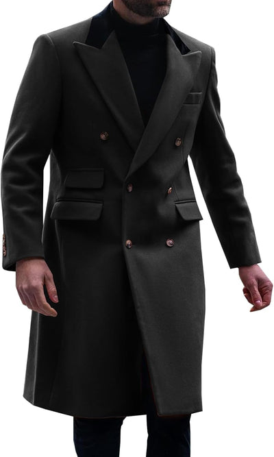 Mens Trench Coat Notch Lapel Double Breasted Casual Pea Coat Winter Warm Long Overcoat