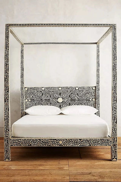 Bone Inlay Floral Design Four Poster Bed Black, Bone Inlay Floral Design Four Poster Double Bed Black