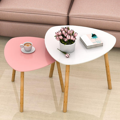 Bambloom Bamboo Nesting Coffee Tables - Small Coffee Table for Living Room, Set of 2 Triangle End Table Modern Side Table for Bedroom Apartment Balcony Yard Small Spaces, (White & Pink)