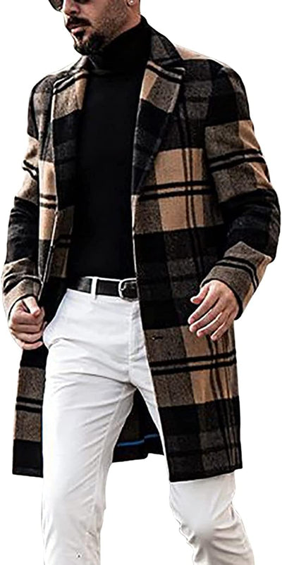 Men'S Casual Notched Collar Plaid Single Breasted Wool Blend Formal Trench Top Coat