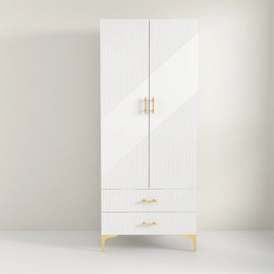 Modern Accent Armoire: White Wood Armoire with Printed Ripple Pattern and Gold Accents